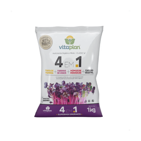 Fertilizante Orgânico 4 em 1 Vitaplan 1kg Torta de Mamona, Farinha de Ossos, Húmus e Carvão Vegetal